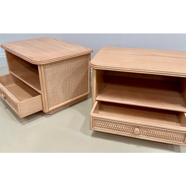 1980s Signed Pair of Roche Bobois Nightstands by Maugrion – French Oak & Cane, Circa 1980 For Sale - Image 5 of 10