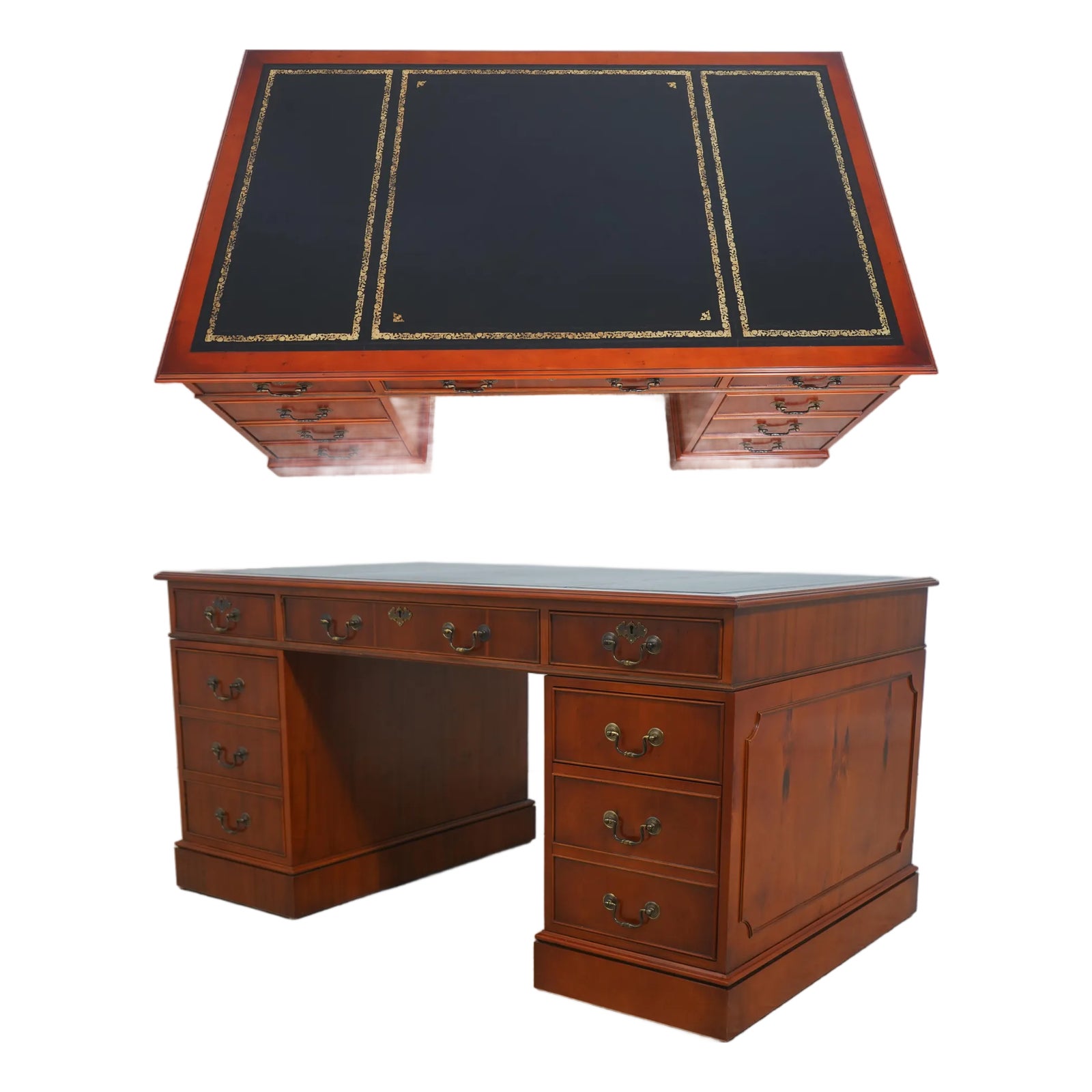 Reprodux English Style Leather Top Yew Wood Desk | Chairish