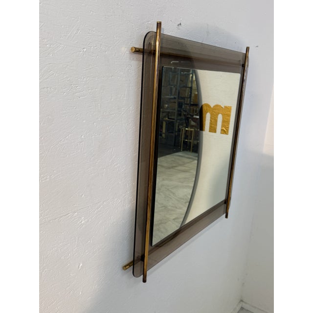 Mid-Century Modern Brass & Smoked Glass Wall Mirror 1970s For Sale In Los Angeles - Image 6 of 7