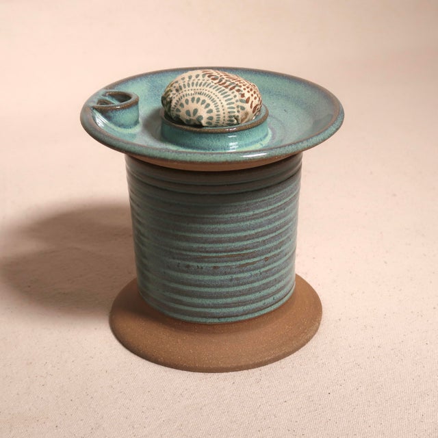 Mid Century Modern Handmade Studio Pottery Turquoise Glaze Pin Cushion Ceramic Sewing Vessel For Sale - Image 4 of 13