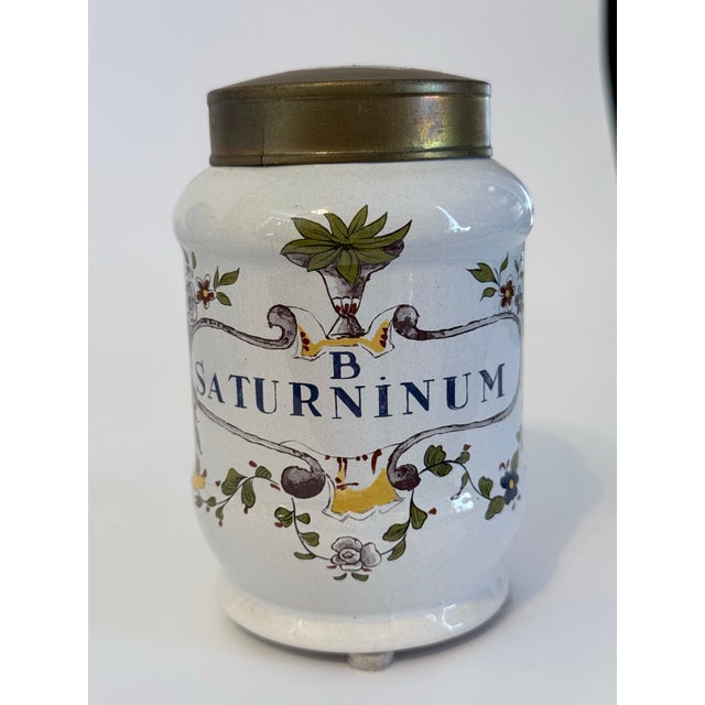 French Country 19th Century French Faience Apothecary Jars – Set of 7 – Hand Painted Pharmacy Canisters With Brass Lids For Sale - Image 3 of 9