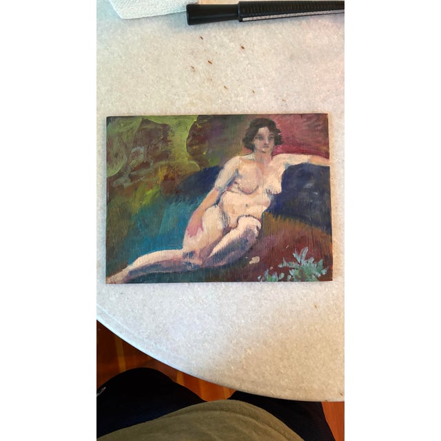 Figurative Vintage Reclining Women Oil Painting on Wood Mounted in White Frame. For Sale - Image 3 of 3