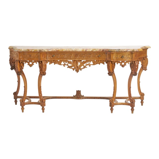 Antique English Hand-Carved Oak Wood Marble Top Continental Console Table For Sale