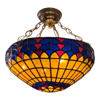 Vintage Colorful French Stained Glass Bowl/ Pendant Light Fixture For Sale