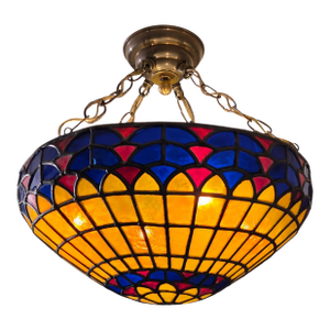 Vintage Colorful French Stained Glass Bowl/ Pendant Light Fixture