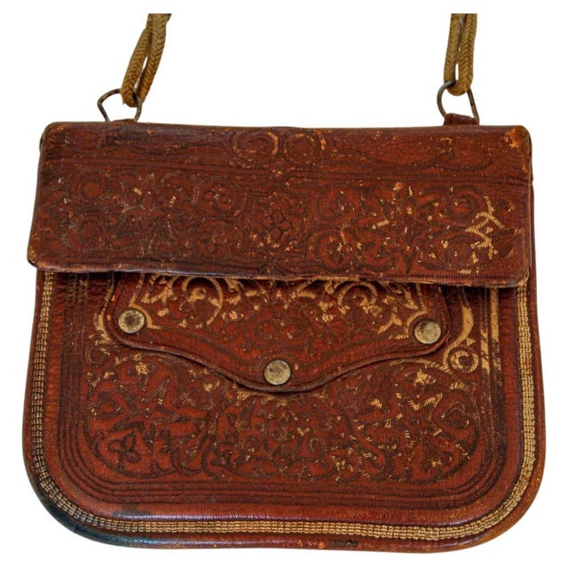 Antique Hand Tooled Leather Moroccan Bag Wall Decor For Sale - Image 9 of 16