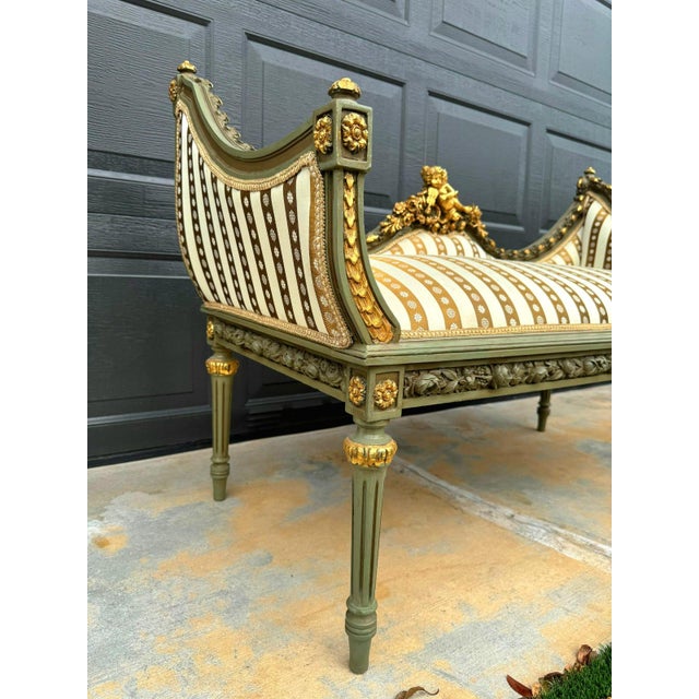 French Style Golden Settee – Damask Upholstery With Gold Leaf Details For Sale - Image 4 of 10
