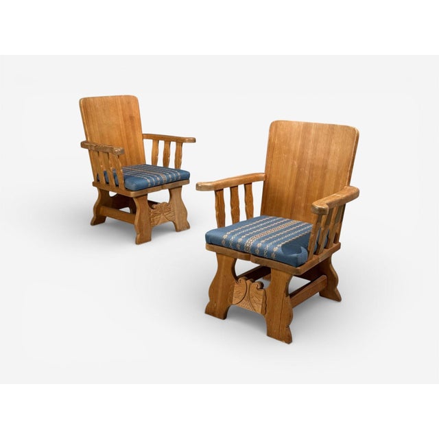 Krogenæs Møbler, Scandinavian Mid-Century Modern, Armchairs, Pine, Blue Fabric, Norway, 1970s Pair of arm chairs designed...