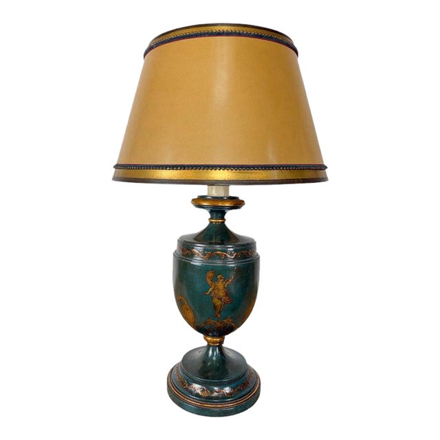 Mid 20th Century Italian Neoclassical Tole Urn Table Lamp Hand Painted Original Parchment Shade For Sale