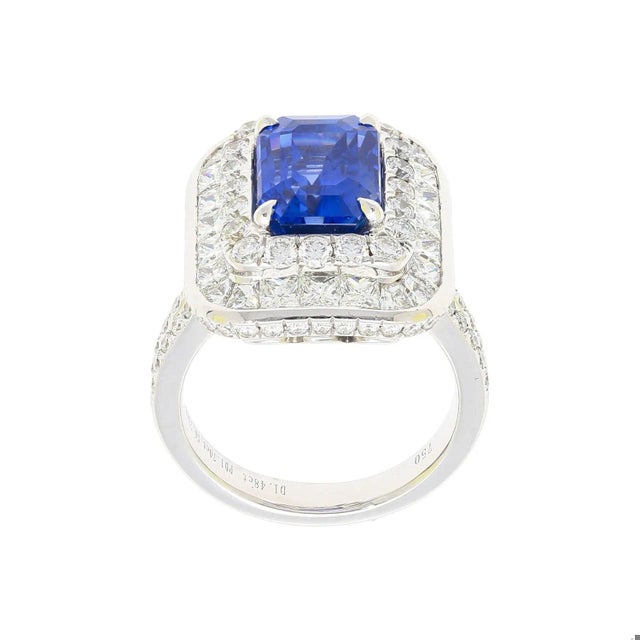Gia Certified 6 Carat Emerald Cut No Heat Burma Blue Sapphire & Diamond Ring For Sale - Image 4 of 11