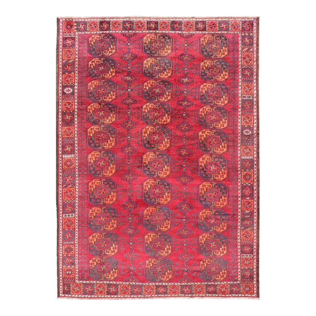 Antique Ersari Rug in Wool With Gul Design in Ivory, Blue, Red and Orange 8'2 X 11'8 For Sale