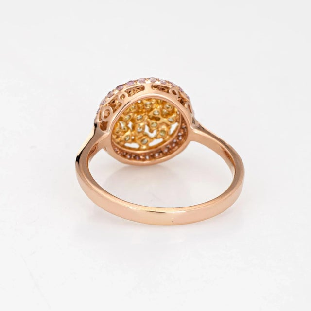 Mid 20th Century Pink Yellow Diamond Halo Ring Estate 18 Karat Rose Gold Fine Coloured Gemstones size 8.25 For Sale - Image 5 of 7