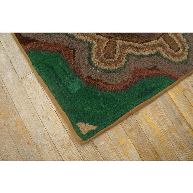 1930s Green Medallion Antique American Hooked Rug 3'4" X 3'6" Knotted Wool Carpet For Sale - Image 9 of 11