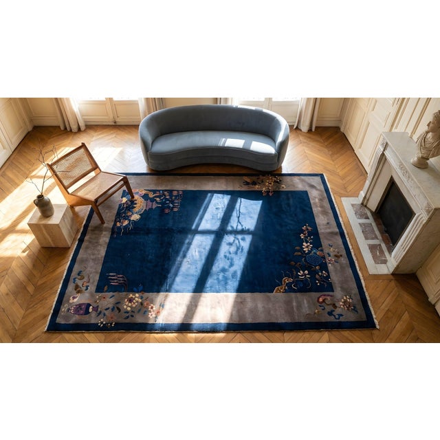 Textile 1920s Blue Navy Floral Antique Art Deco Chinese Rug 6'0" X 8'9" Handknotted Wool Carpet For Sale - Image 7 of 8