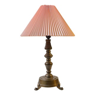 Danish Bronze Lion Paw Table Lamp with Pink Shade, 1930s For Sale