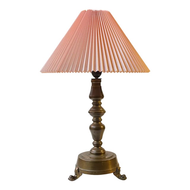 Danish Bronze Lion Paw Table Lamp with Pink Shade, 1930s For Sale