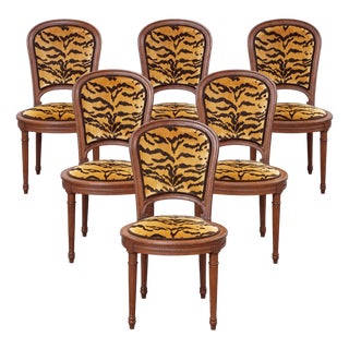 Set of 6 French Louis XVI Style Fruitwood Dining Chairs Scalamndre Tiger Velvet For Sale