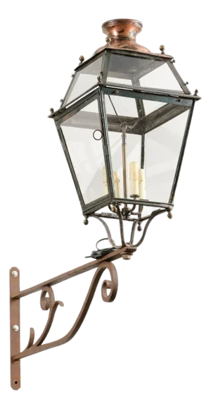 French 1890s Iron and Copper Wall Lantern with Four Lights and Scrolling Bracket