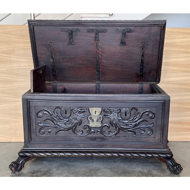 Wood 19th Century Spanish Carved Cassone Trunk with Original Hardware and Three Locks For Sale - Image 7 of 18