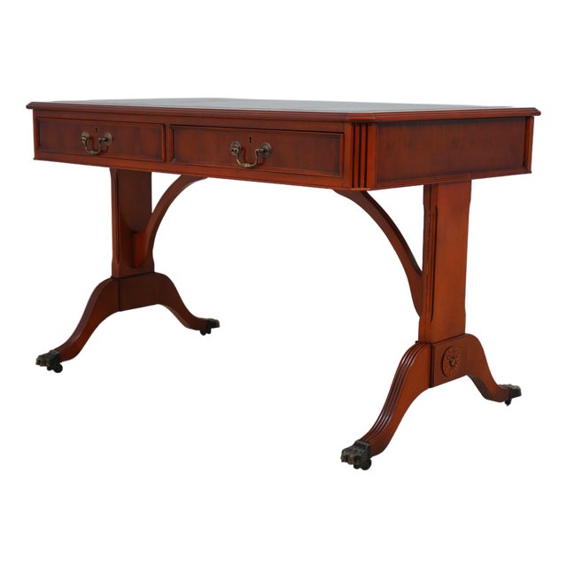English Leather Top Yew Wood Writing Desk For Sale