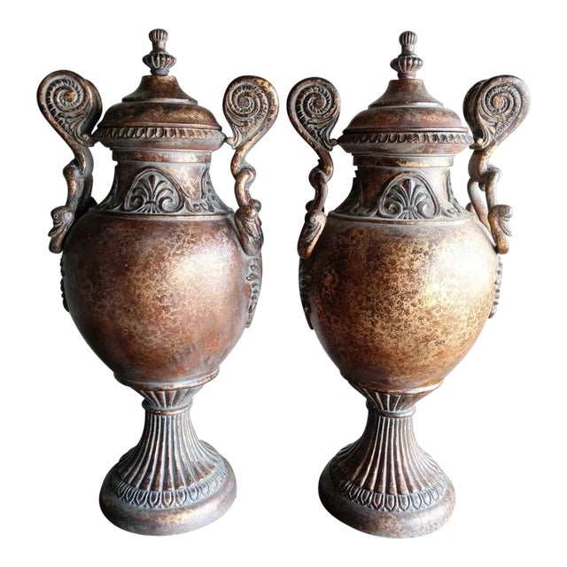 Large Duck Handle Restoration Hardware Style Lidded Decorative Urns- a Pair For Sale