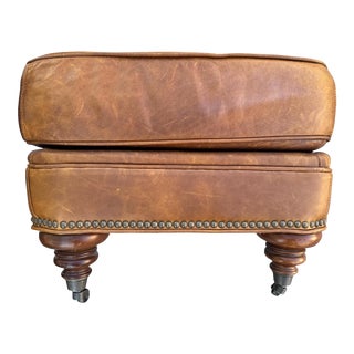 Vintage Broyhill Cigar Leather Ottoman With Nailhead Trim For Sale
