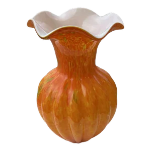 1970s Orange Art Glass Vase with Ruffle Edge Top