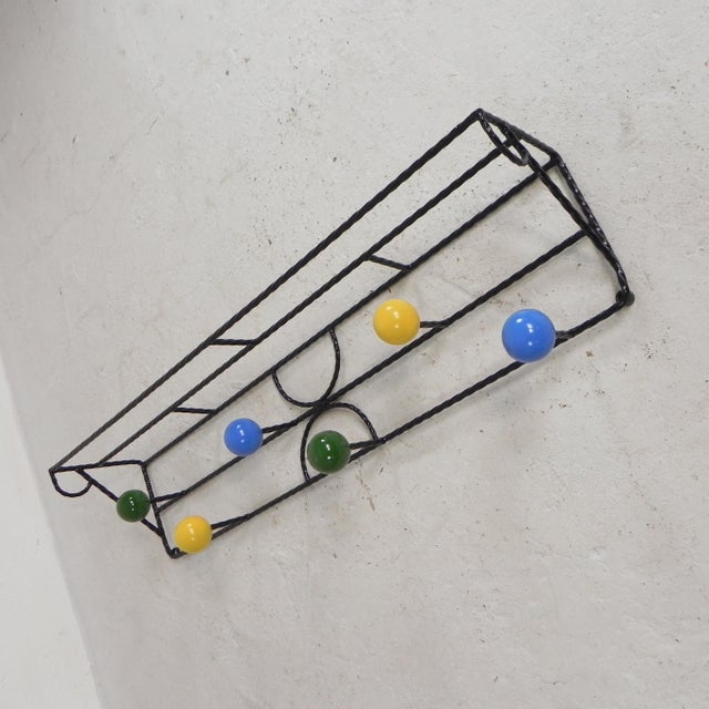 Mid-Century Modern Wall Coat Rack in Steel Frame with Colored Balls in the style of Roger Feraud, 1950s For Sale - Image 3 of 14