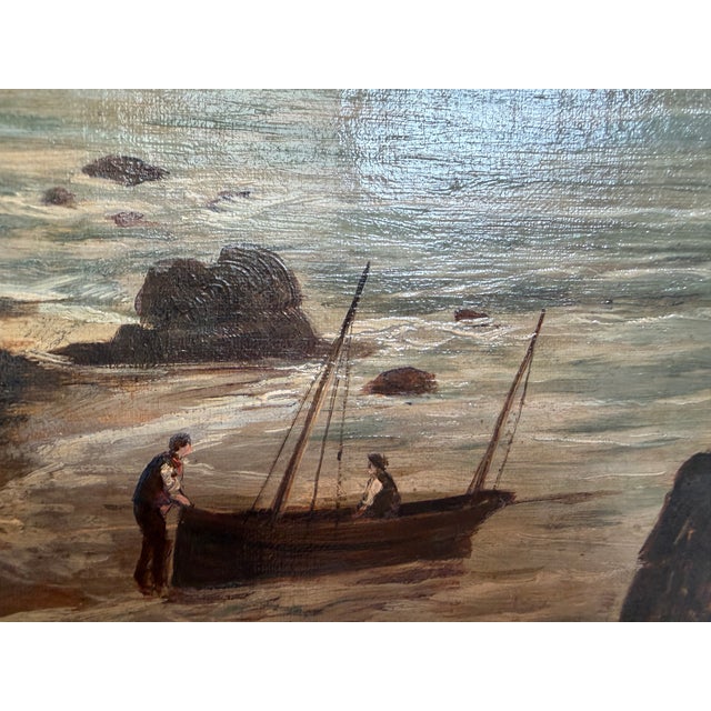 Coastal Antique 1881 Signed European Coastal Seascape Oil Painting Harbor Landscape - Signed For Sale - Image 3 of 15