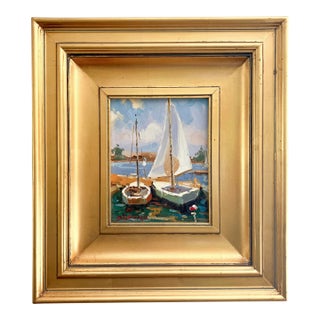 Coastal Sailboat Original Painting in Gold Shadowbox Frame For Sale