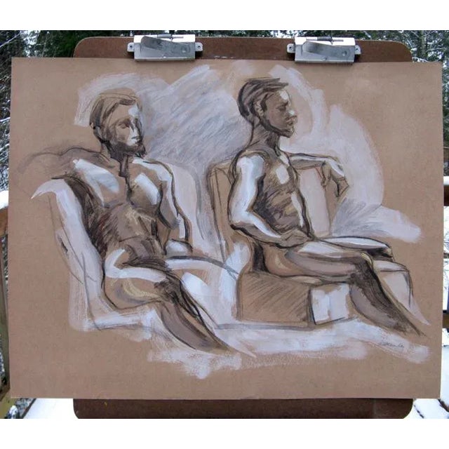 Contemporary Figure Drawing Seated Male Figure X Two For Sale - Image 4 of 6