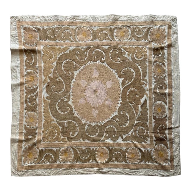 Neutral Tan Uzbekistan Suzani Embroidered Wall Hanging 4' X 4'9'' For Sale