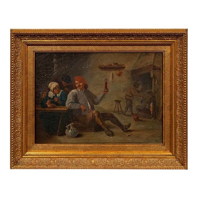 Antique English Interior Tavern Scene Oil Painting For Sale