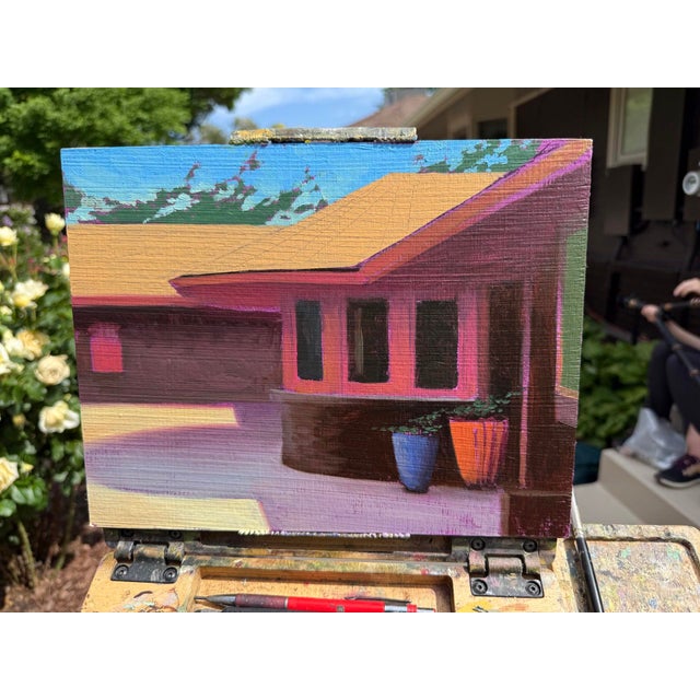 Contemporary The Dennis's House by Diego Glazer | Oil on Panel Painting of a house with colorful pots For Sale - Image 3 of 3