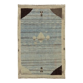 Modern Hand-Knotted Gabbeh Wool Rug – Minimalist Blue & Grey Geometric Tribal For Sale