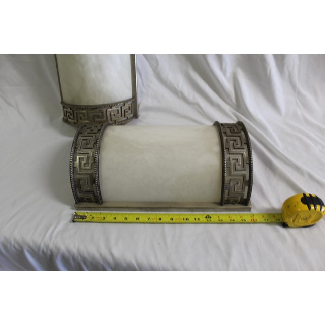 Mid-Century Modern Art Deco Alabaster Sconces, Antique Silver Patina - a Pair For Sale In Los Angeles - Image 6 of 10