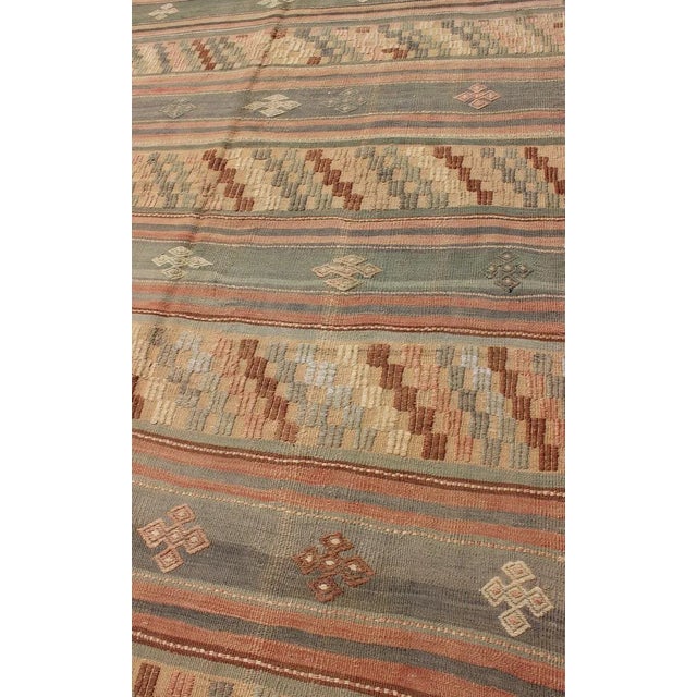 Mid 20th Century Vintage Turkish Kilim With Stripped Embroidery in Multi Warm Butter and Green For Sale - Image 5 of 13