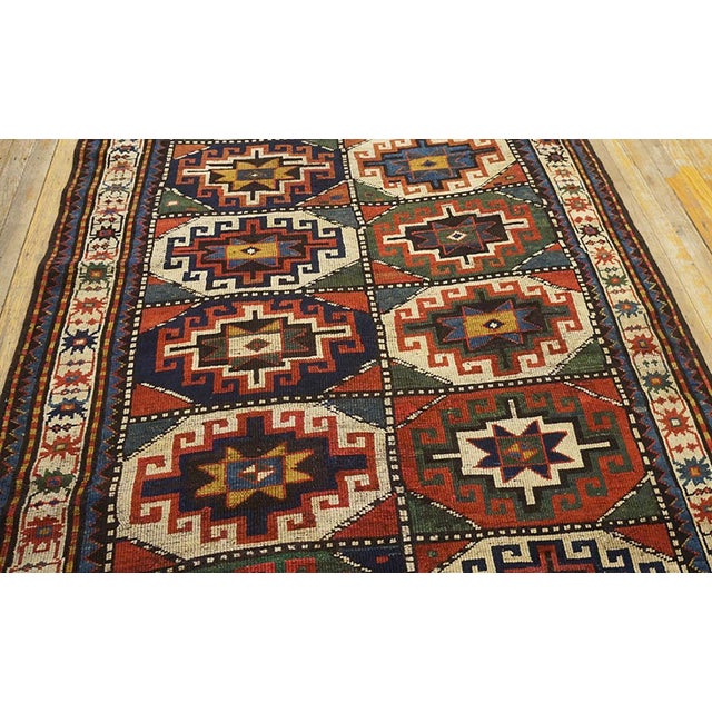 1890s Multicolor Tribal Grid Caucasian Kazak Moghan Rug 4'6" X 7' Handknotted Wool Carpet For Sale - Image 4 of 6