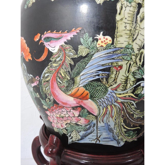 Black Antique Nyonya Straits Chinese Porcelain Planters, Jardinieres, Famille Noire Black With Goldfish & Phoenix Birds, a Pair, Rosewood Stands, For Sale - Image 8 of 12