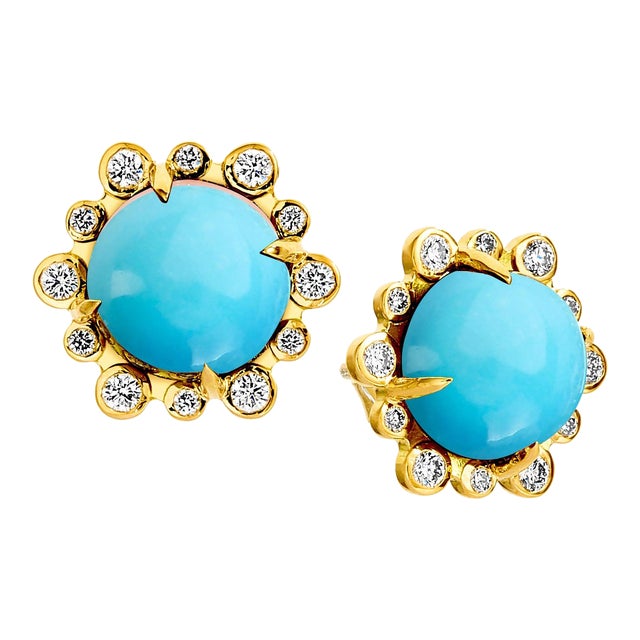 Syna Yellow Gold Turquoise Earrings with Diamonds, a Pair For Sale