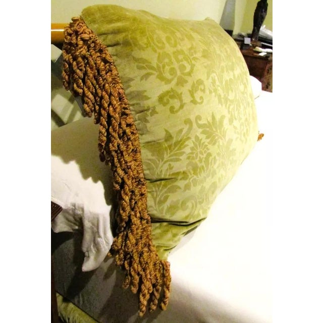 Designer Handmade Green Cotton and Velvet Down Pillow with a Rope Fringe Trim It has the same floral scroll design on both...