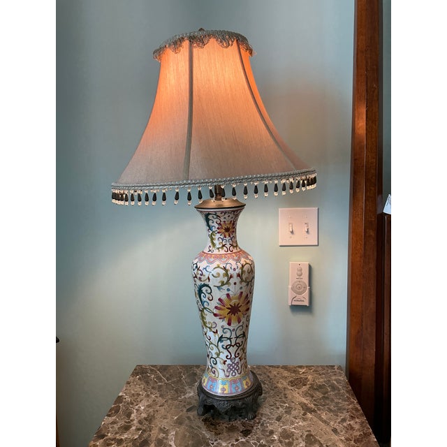 1970s 1970s Bombay Table Lamps Porcelain White Floral Oriental Accent Fringe Shades Set of 2 For Sale - Image 5 of 17