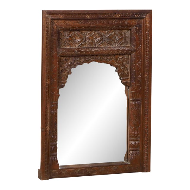 Antique Indian Teakwood Carved Window Frame Mirror For Sale