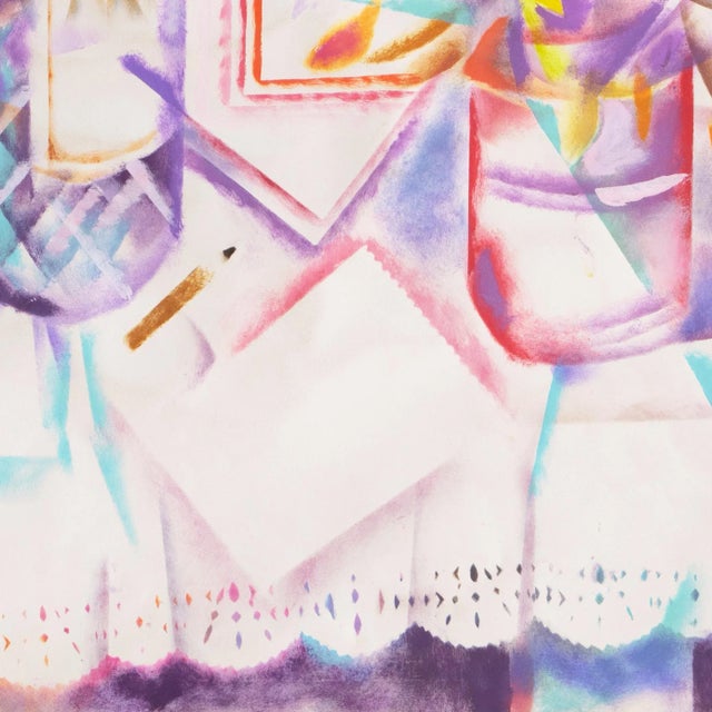 'Still Life of Pastis and Peaches on a Lace Tablecloth' by Ramon Moscardo, Prismatic Modernist Gouache For Sale - Image 9 of 11