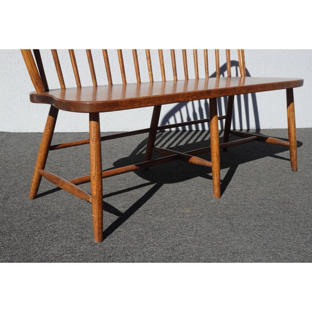 Vintage French Country Spindle Back Windsor Oak Bench Settee ~ Ethan Allen Style For Sale - Image 10 of 12