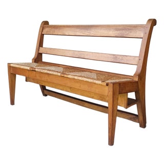 1940s Dutch Oak Hall Bench With Handwoven Rush Seat For Sale