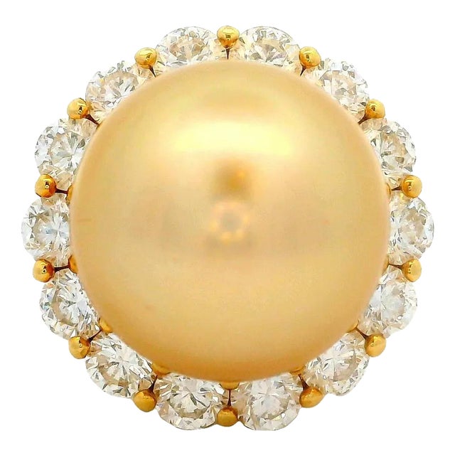 Hubert 17mm Golden South Sea Pearl Diamond 18k Yellow Gold Cocktail Ring, Size 8.25 For Sale