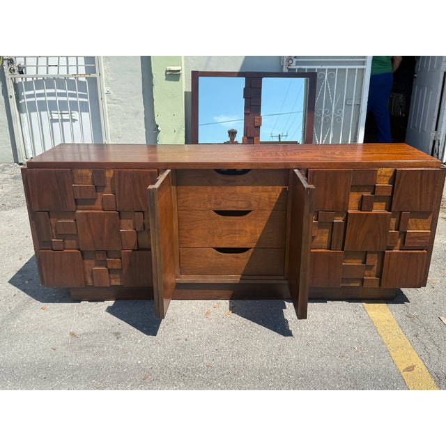 Wood 1970s Lane Stacatto Brutalist Long Chest Manner of Paul Evans For Sale - Image 7 of 12