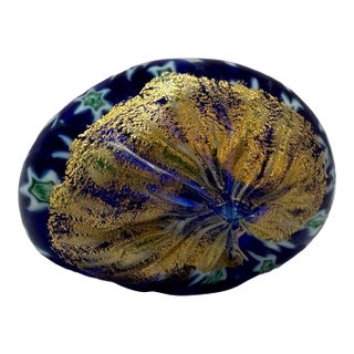 Vintage Murano Art Glass Egg Paperweight Blue Millefiori Aventurine Gold Foil For Sale