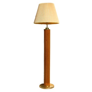 Mid-Century Faux Rattan Floor Lamp & Shade For Sale